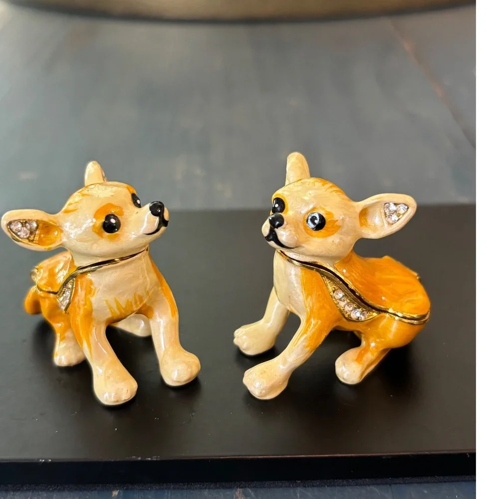 Set of 2 Chihuahua Dog Trinket Boxes Enameled Metal Rhinestone Jewelry Keepsake
